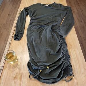 Michael Kors Hunter Green Jersey Knit Long Sleeve T-shirt Dress Gathered Sides M